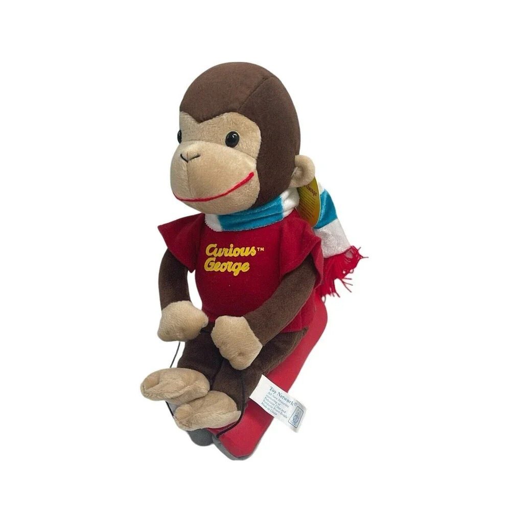 Toy Network Curious George On A Sled Plush Stuffed Animal Toy Vintage 10” RARE